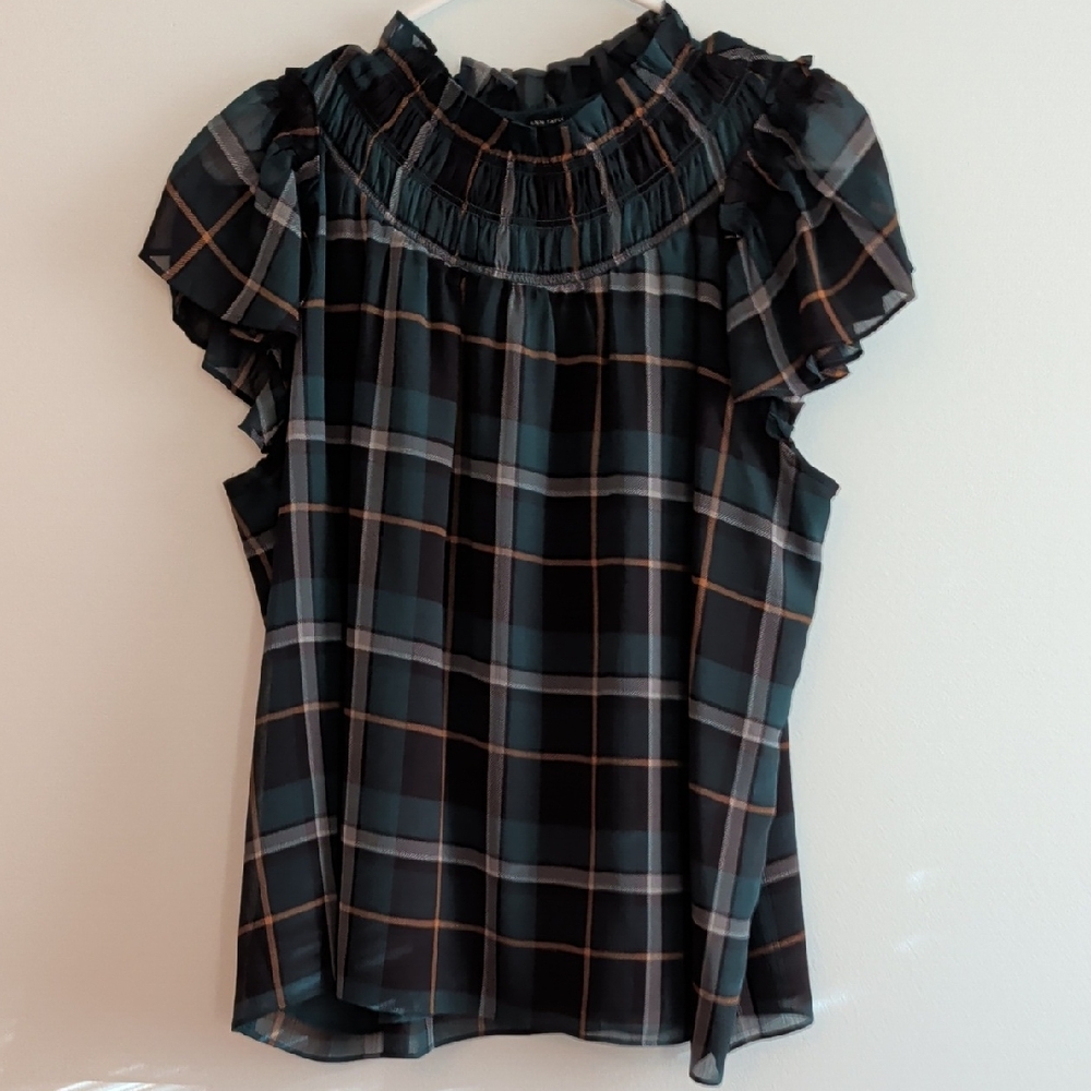 Ann Taylor Black Plaid Ruffle Blouse
